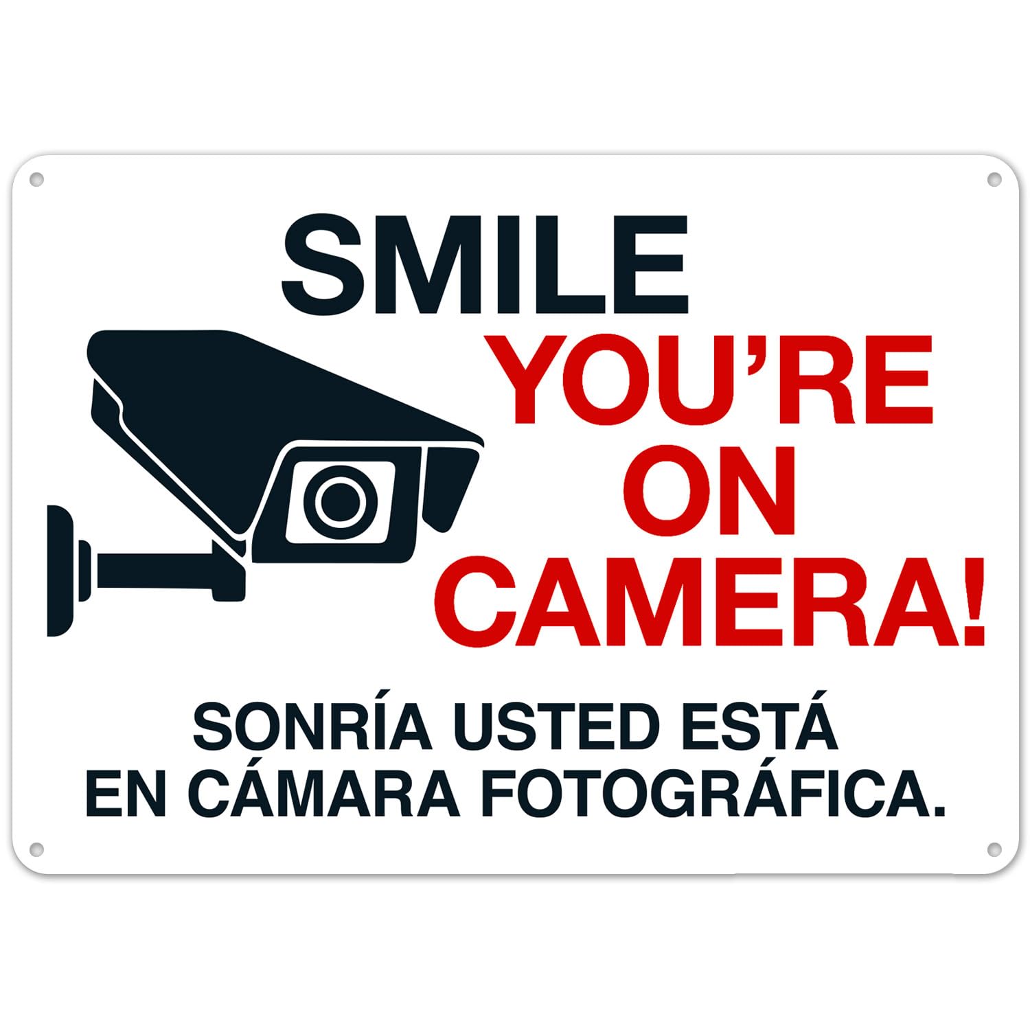 Smile You're On Camera Bilingual Sign, Metal Tin Sign 12 x 8 Inch, Video Surveillance Plaque