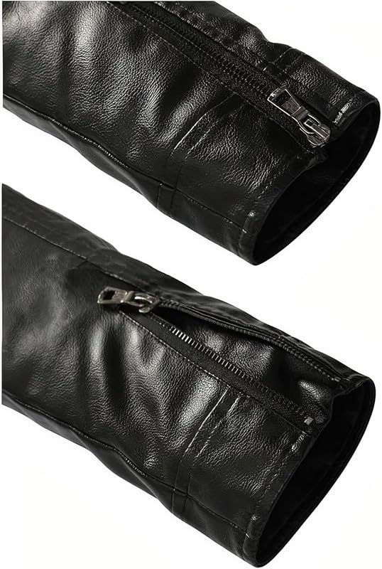 Image of Leather Retail Men Black Faux Leather Biker Jacket with Zipper Pockets