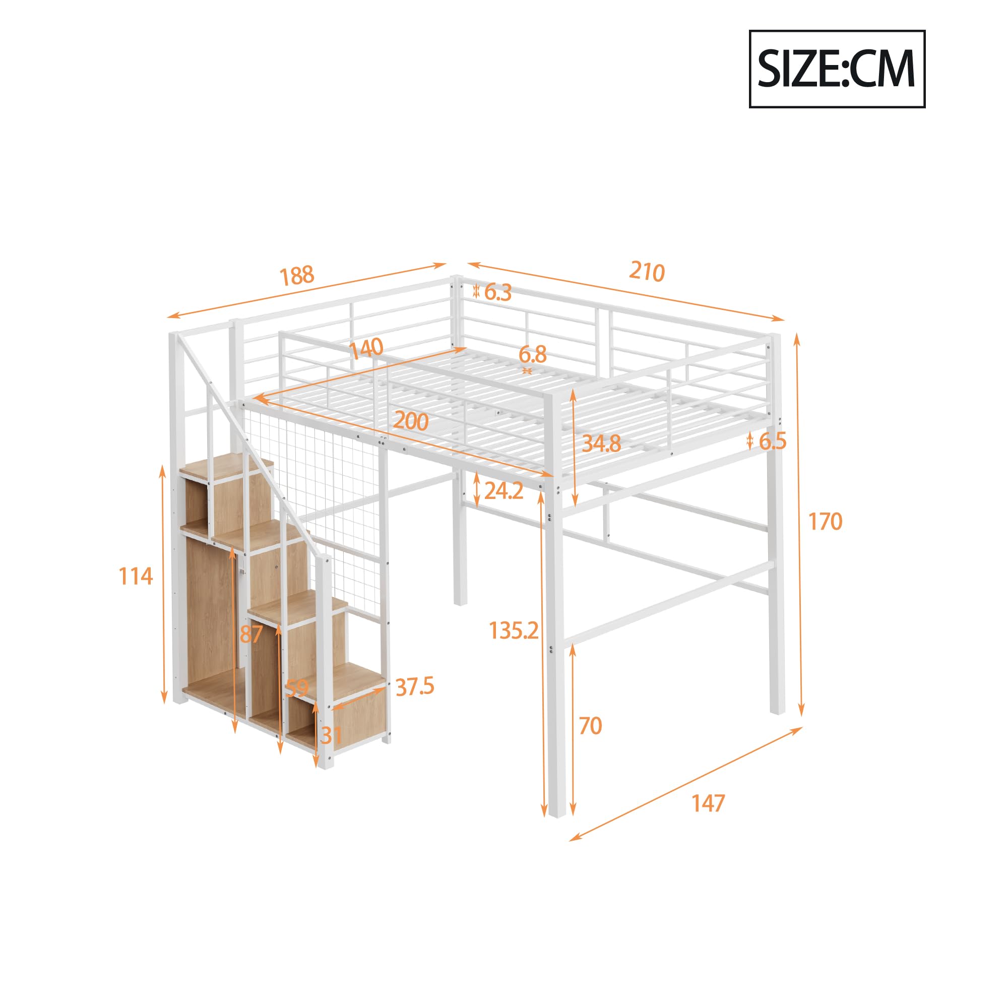 Lettino A Soppalco 140x200cm - Letto In Metallo Con Rete, Scala Sicura E Ripiano, Bianco - Foto 12
