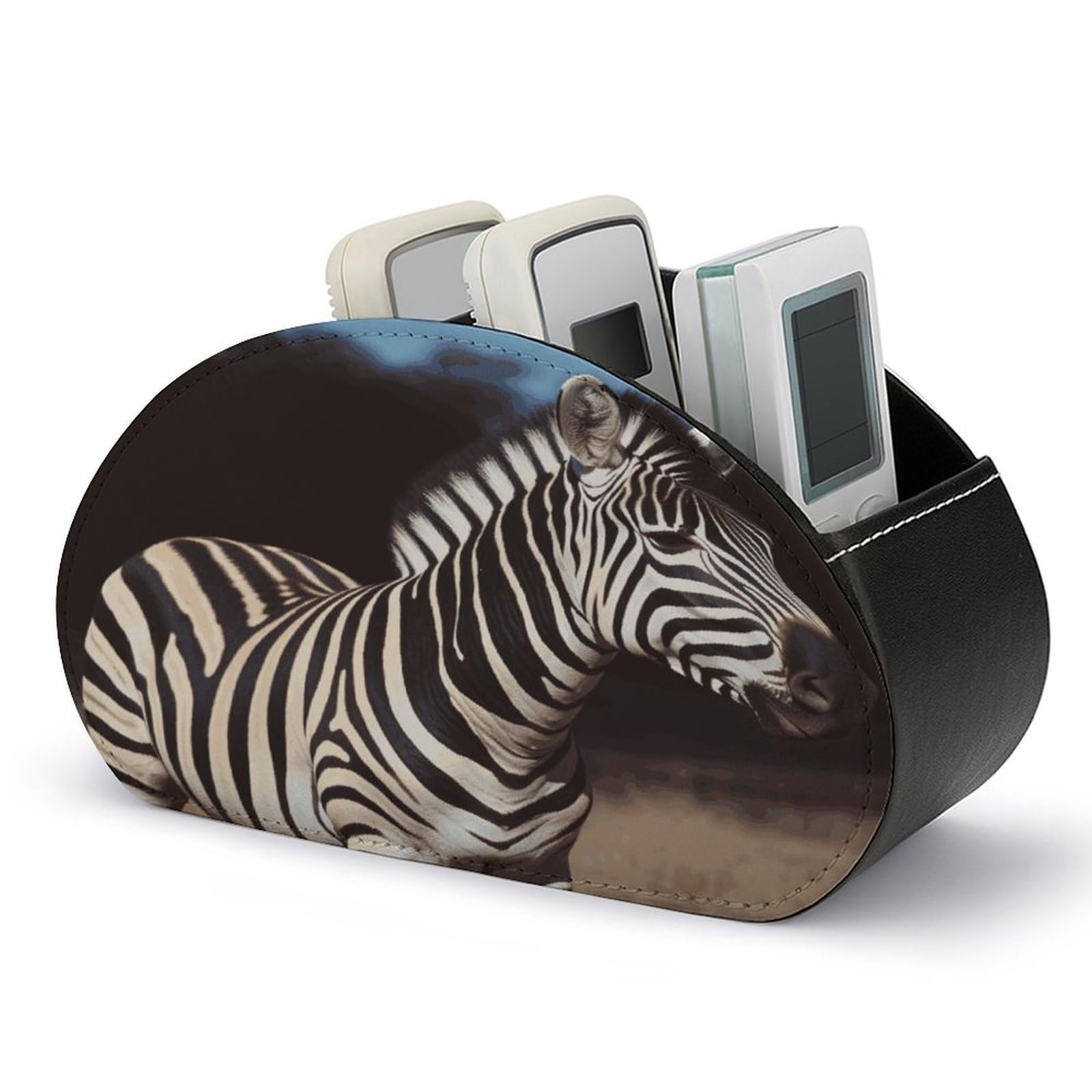 JTREHY Animal Zebra Remote Control Holder 5 Compartments Remote Caddy Tray PU Leather TV Remoter Storage Box Bedside Table Storage Organizer Office Desk Storage Case