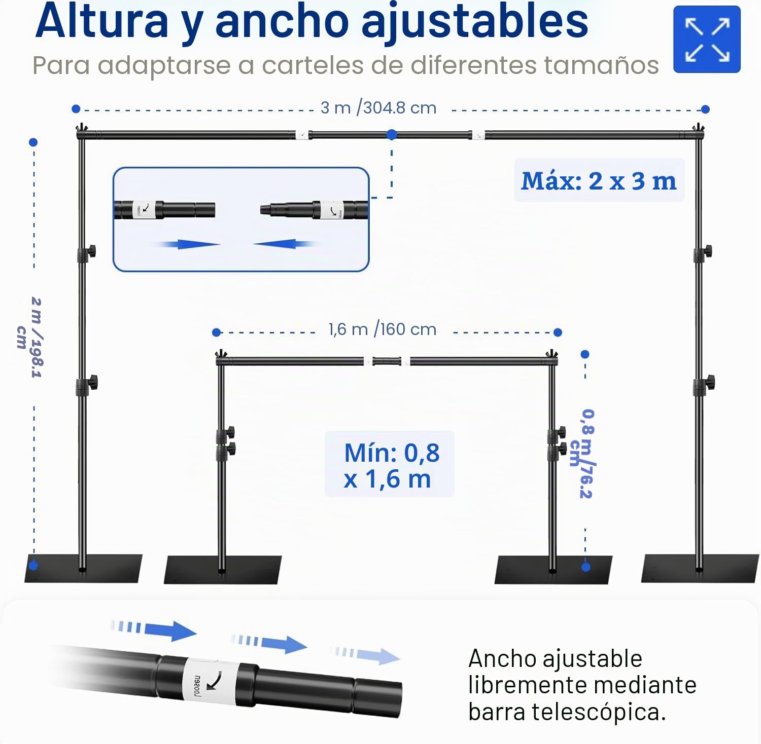 EMART Soporte de Fondos con Base 2 x 3m, Sistema de Telón Fotográfico Ajustable para Fotografía, Estudio de Vídeo, Decoración de Fiestas - Negro