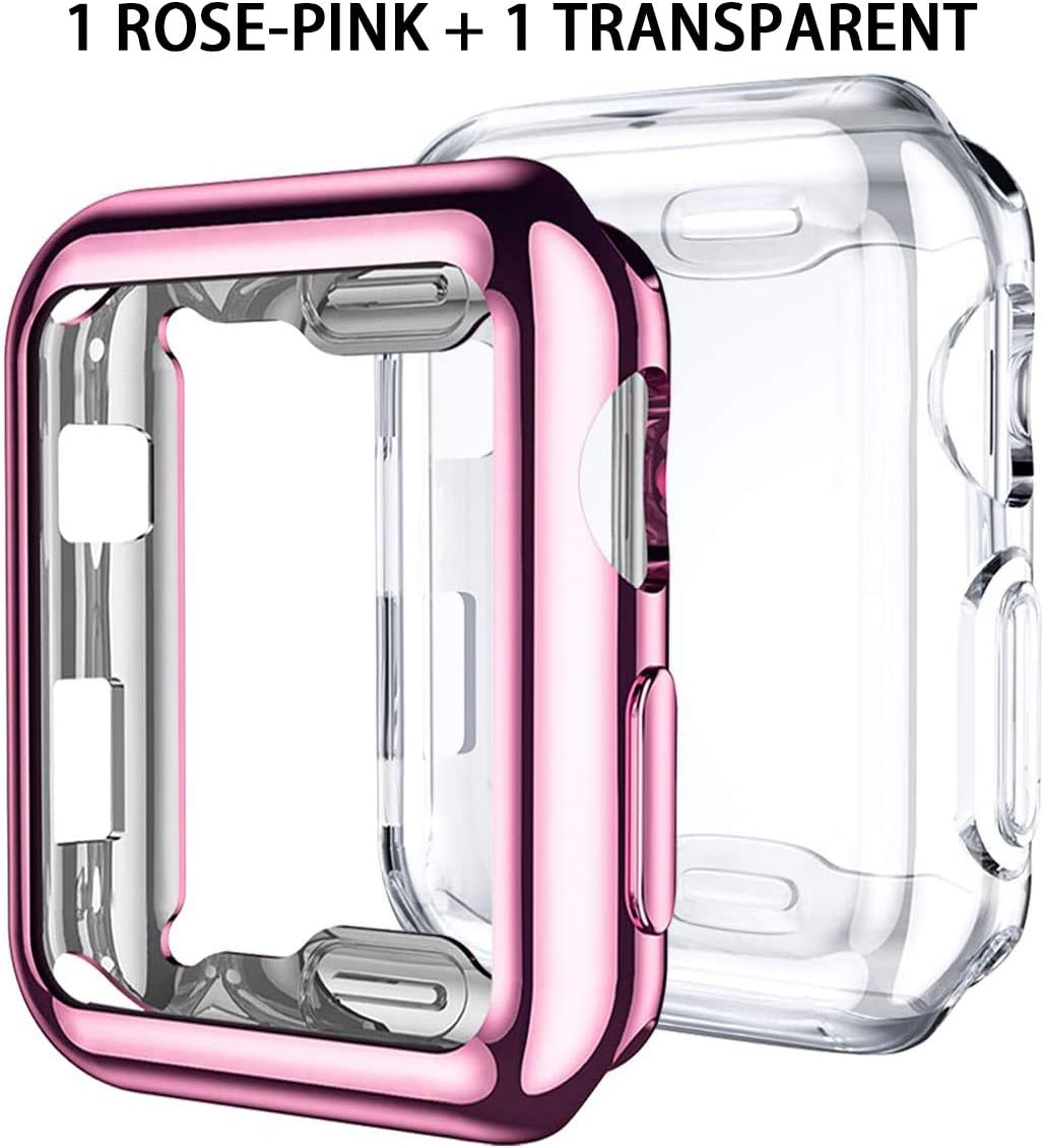 Two YoLin protective cases for Apple Watch Series 3 42mm. One case is rose-pink, and the other is transparent, both designed to cover the watch's screen and edges.