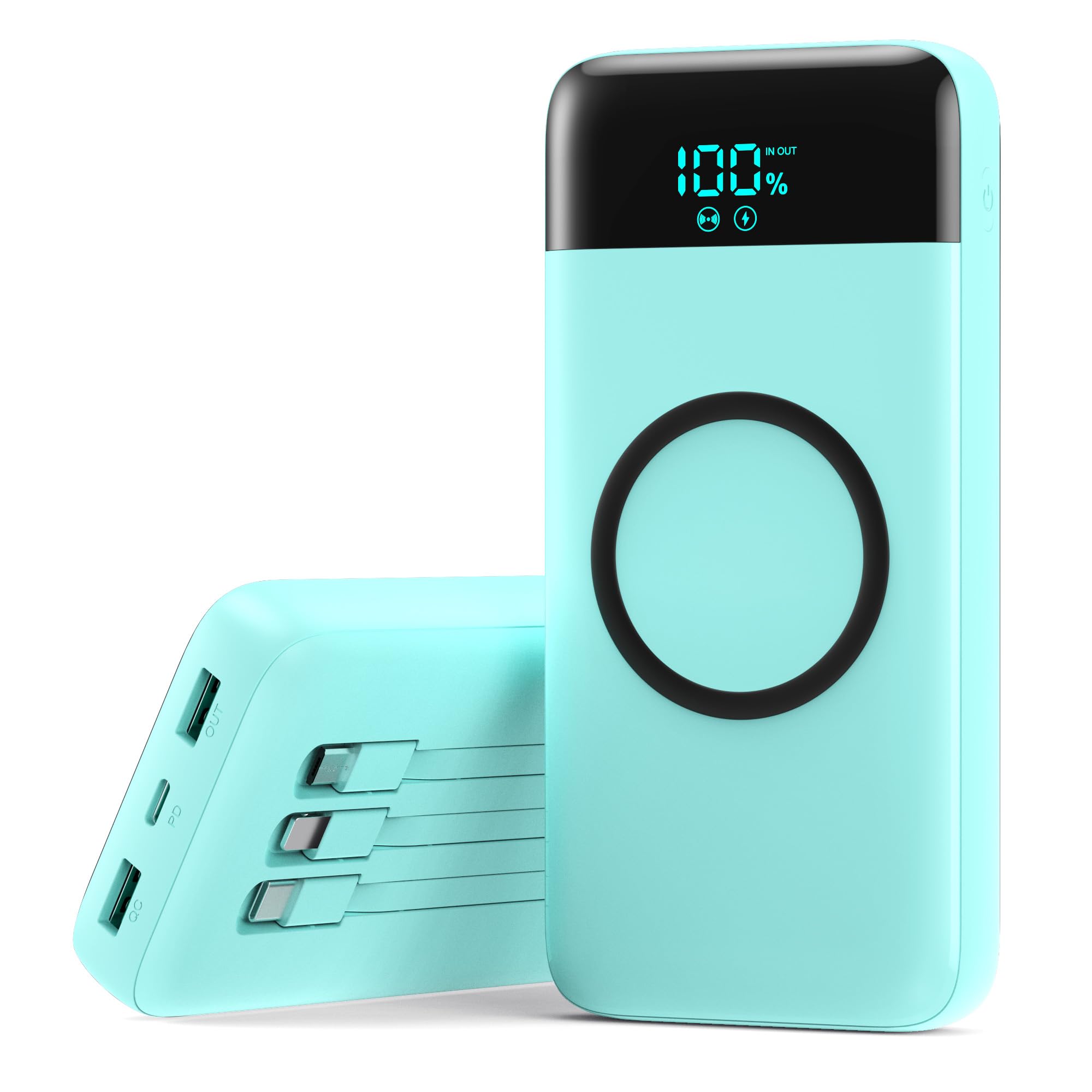 Wireless Portable Charger 40800mAh with 3 Built-in Cables,7-in-1 15W Wireless Charging Power Bank,25W PD QC 4.0 Fast Charging USB C LCD Display Battery Pack for iPhone 16/15/13,Samsung,Android-Green