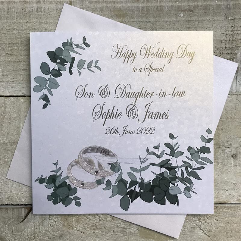 WHITE COTTON CARDS PERSONALISED WEDDING CARD - SON & DAUGHTER IN LAW - WEDDING RINGS & GREENERY DESIGN (P20-65S & XP20-65S)