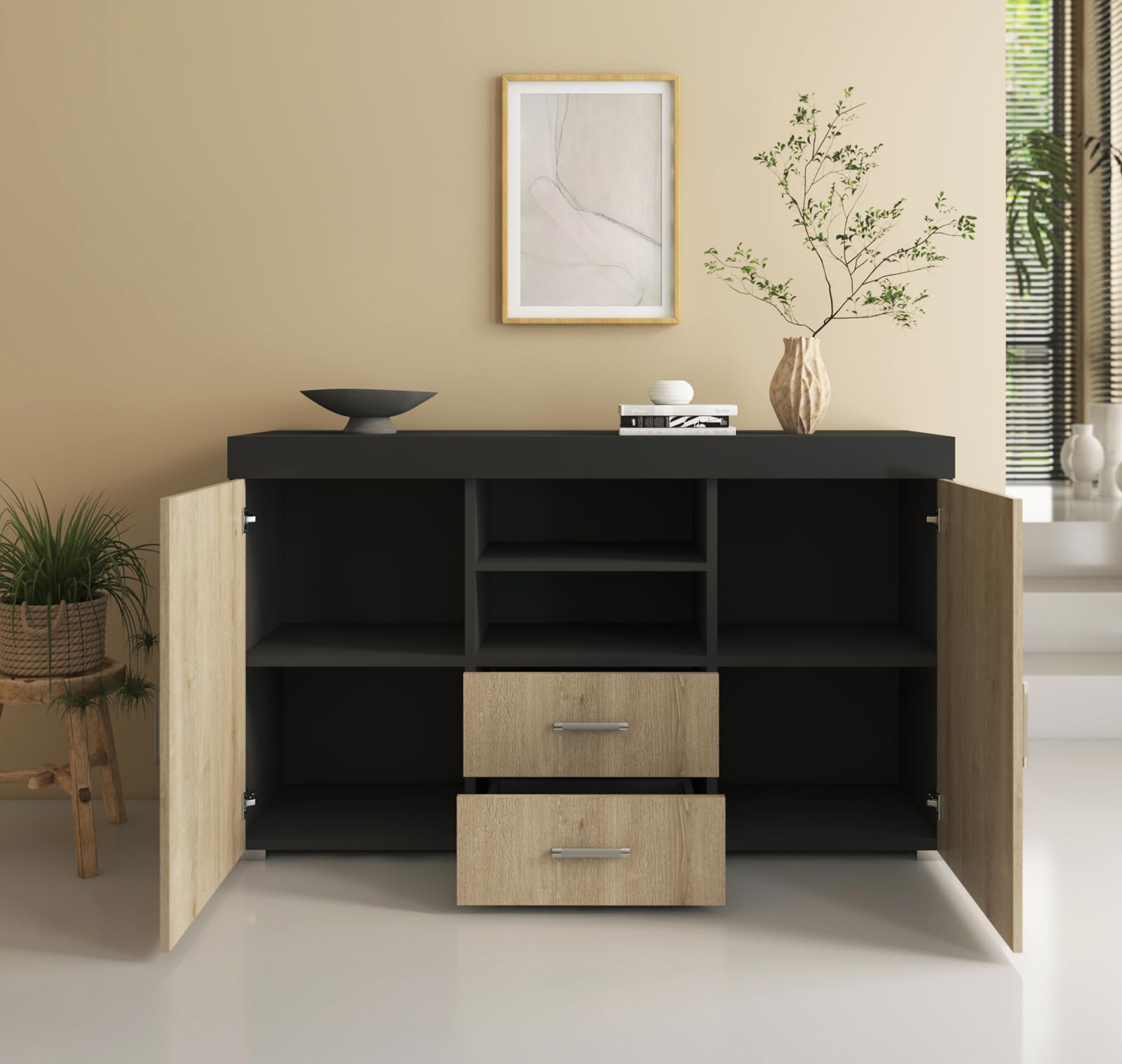 MB Muebles Bonitos | Buffet Roque pour Salon et Salle à Manger Moderne | Meuble TV en Mélamine | Couleur Noir Brillant et Sonoma Mat | 140x80x40 cm