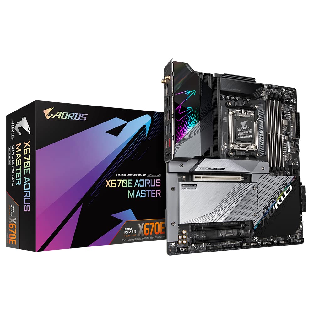 Gigabyte X670E AORUS MASTER ATX Motherboard – Supports AMD Ryzen 7000 Series CPUs (Socket AM5), DDR5 6400(OC), 1x PCIe 5.0 x16, 1x PCIe 4.0 x16, 2x M.2 PCI-E 5.0, 2x M.2 PCI-E 4.0, 2.5G LAN & Wi-Fi 6E