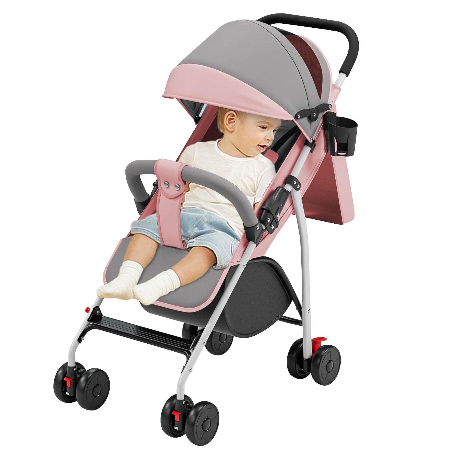 Poussette 2 en 1 pliable, légère et pratique, avec capote et ceinture de sécurité Assise et allongée, roues en mousse EVA résistantes Rose