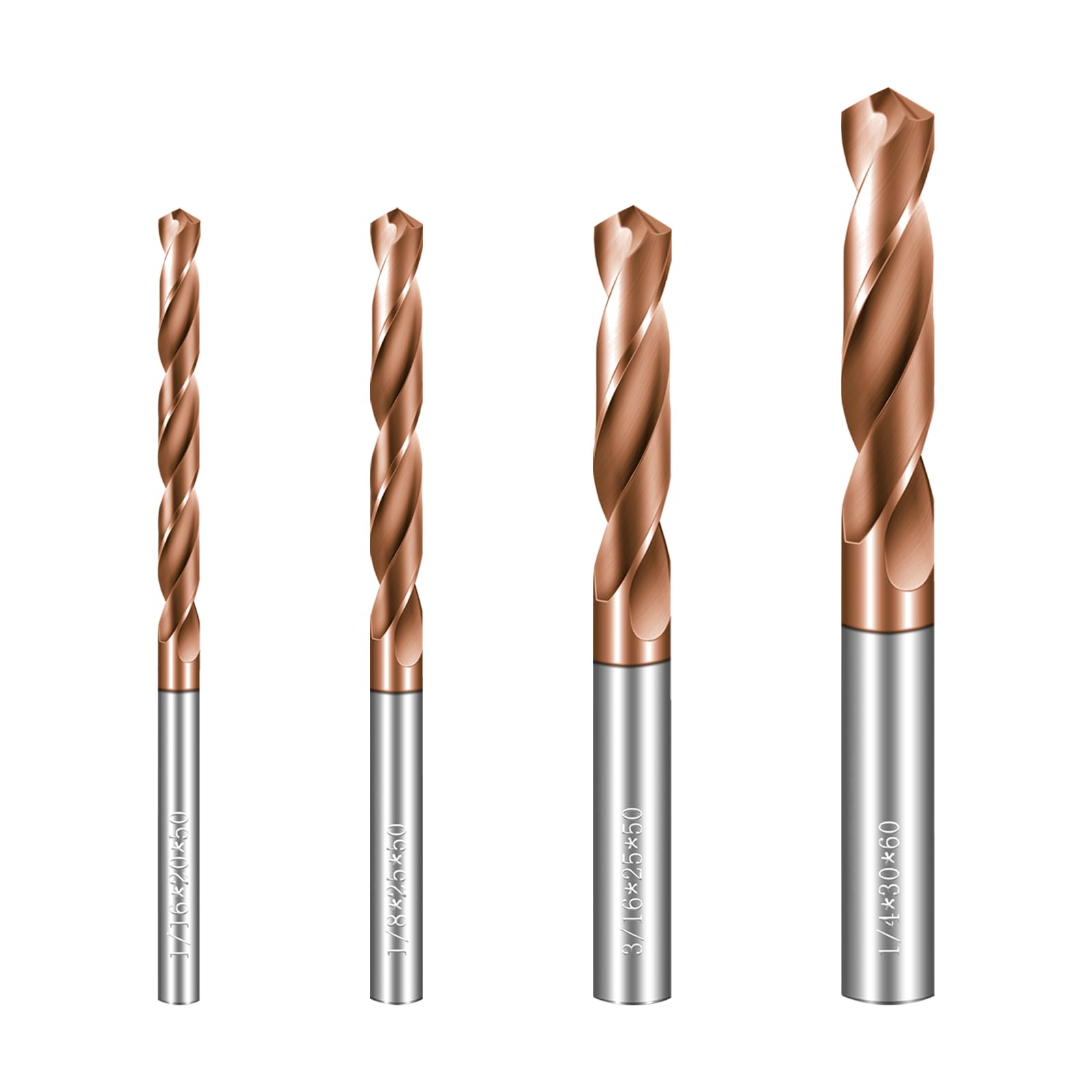 Juego de 4 brocas de carburo sólido, 1/8 pulgadas, 1/4 pulgadas, 1/16 pulgadas, 3/16 pulgadas, juego de brocas de carburo de tungsteno con revestimiento TISIN, juego de brocas de metal