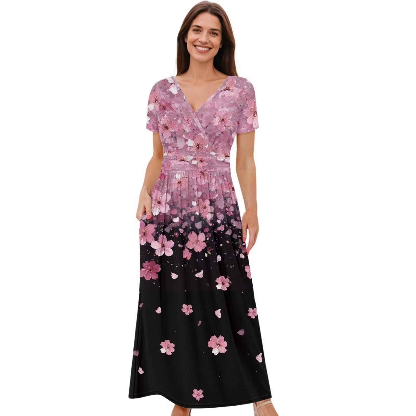 2026 Summer Long Dresses for Women Wrap Empire Pleated Waist V Neck Short Sleeve Elegant Maxi Dress with Pockets