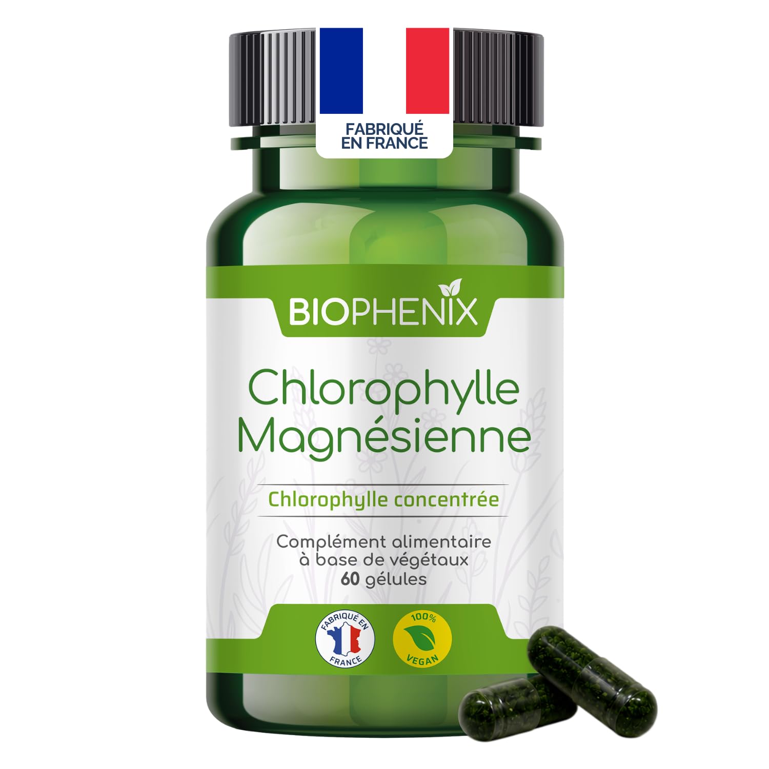 Biophénix - Chlorophylle Magnésienne 60 Gélules - Detox - Protection des Fonctions Digestives, Hépatiques et Rénales - 100% Naturel à Base de Végétaux - Fabriqué en France - 2 Gélules/Jour