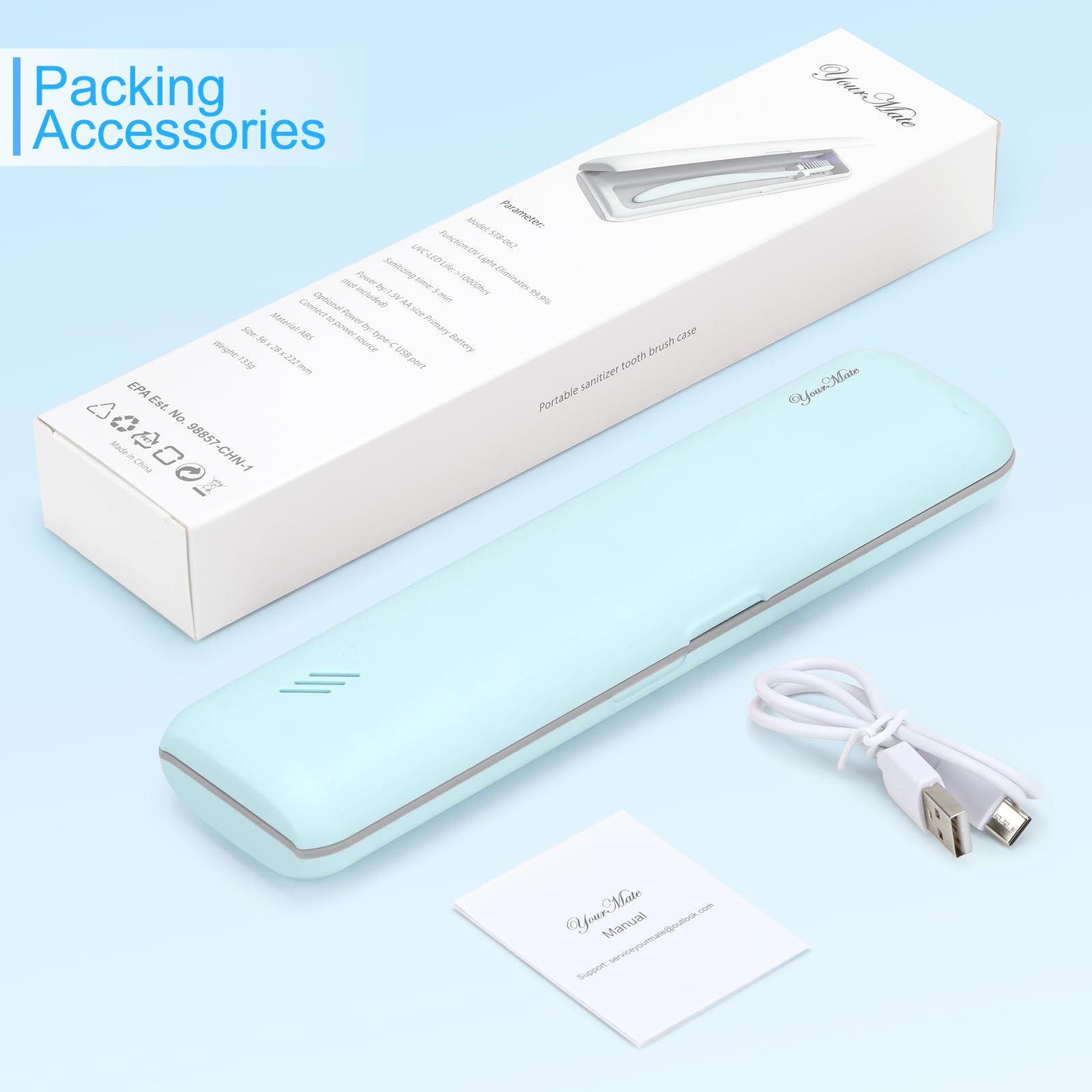YourMate Estuche esterilizador de cepillo de dientes UVC, estuche desinfectante de viaje para Houshold y Traving Power por batería AAA o USB-C azul