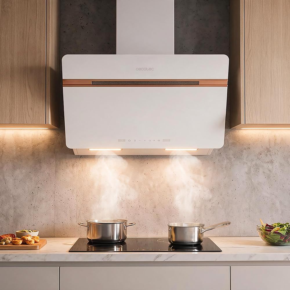 Cecotec Okap dekoracyjny 60 cm Bolero Flux DT 607500 Matt White A+++. Matowe i błyszczące szkło z miedzianymi detalami, ssanie 717,2 m³/h, funkcja wzmacniacza, filtry aluminiowe, klasa A+++
