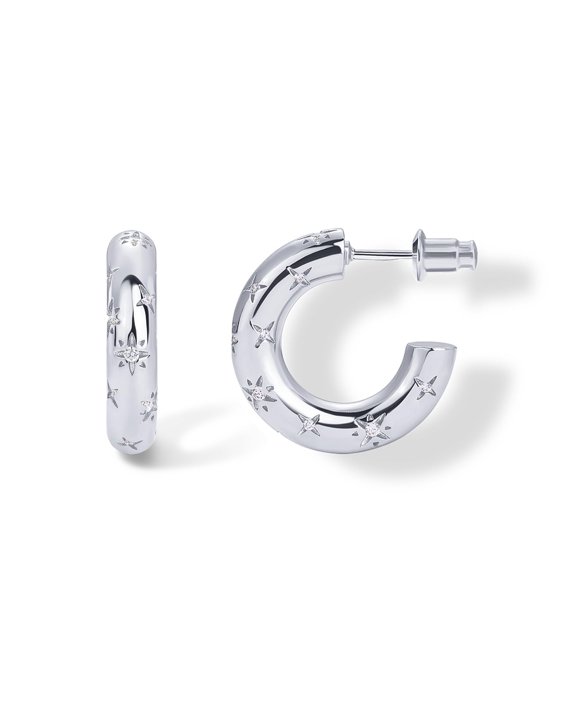 PAVOI 14K Gold Plated Star Shine Hoop Earrings for Women | Cubic Zirconia Celestial Chunky Hoops Earrings