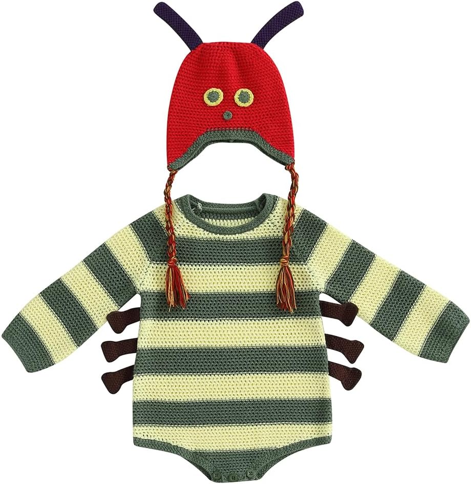Infant Baby Boys Girls Halloween Hungry Caterpillar Costume Crochet Knit Bodysuit Romper with Hat Photo Prop 18-24 Months Green