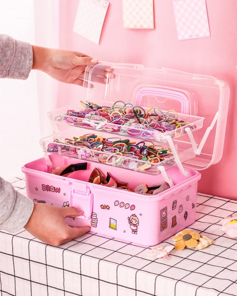 BALRAJ Scatola Portagioie Per Accessori Capelli Per Ragazze, Organizer A 3 Strati Con Coperchio Trasparente E Manico, 27 Cm