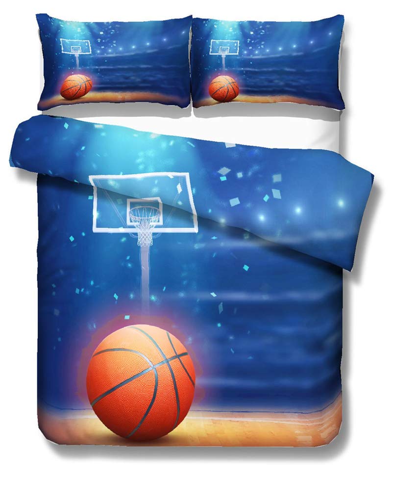 EU-VV Juego De Cama Funda Nórdica Microfibra Cepillada 3D Vida del Baloncesto Niños Niño Y Niña 1 Funda Nórdica + 2 Funda De Almohada 50x75cm ((180x220 cm)-Cama de 105/135,Azul)