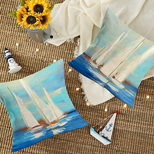 Qinqingo Set Of 2 Nautical Sailboat Throw Pillow Covers Abstract Oil Painting Pillow Cases 18X18 Inch Ocean Sea Sailing Boat Decorative Square Cotton Linen Cushion Cover For Home Sofa Couch #TOP3