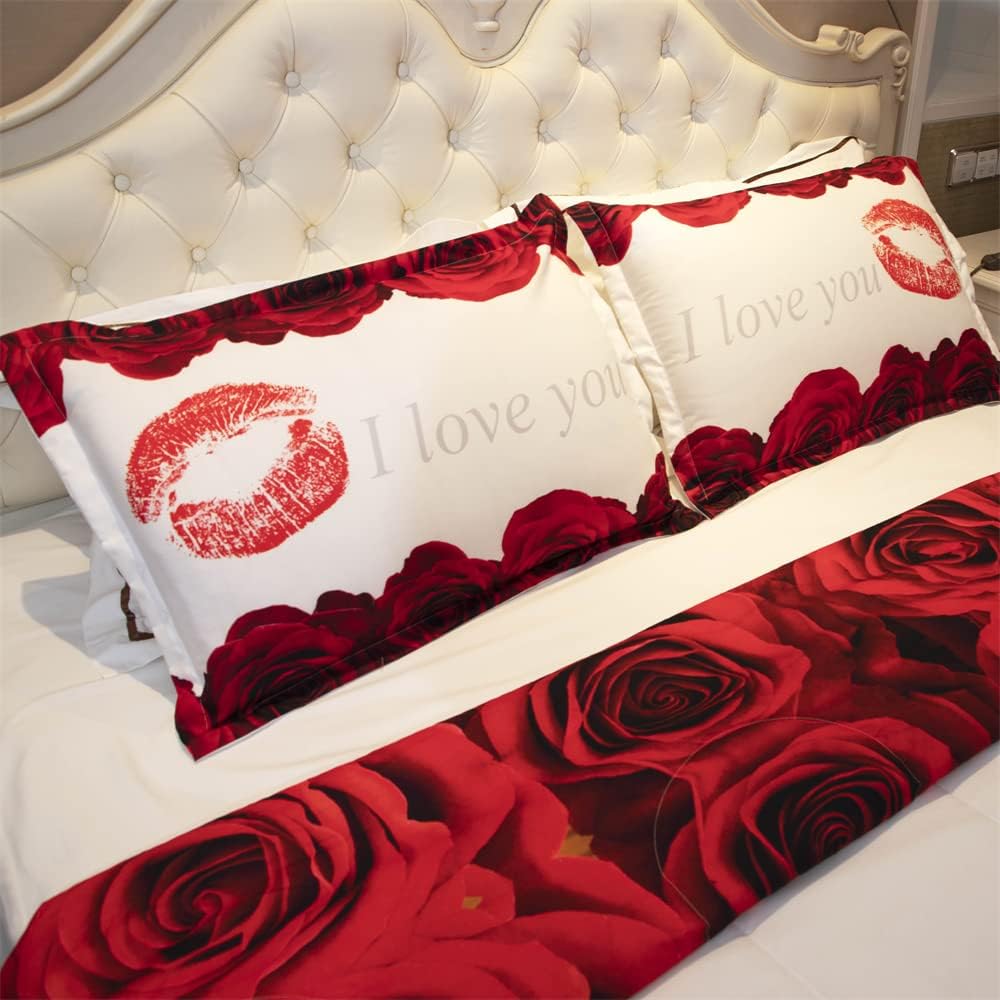 3D Comforter Set Queen - Red and White Rose Print Comforter Set Queen Size Floral Room Decor Bedding Set Aldult Quilt with 2 Pillowcases for All Seasons