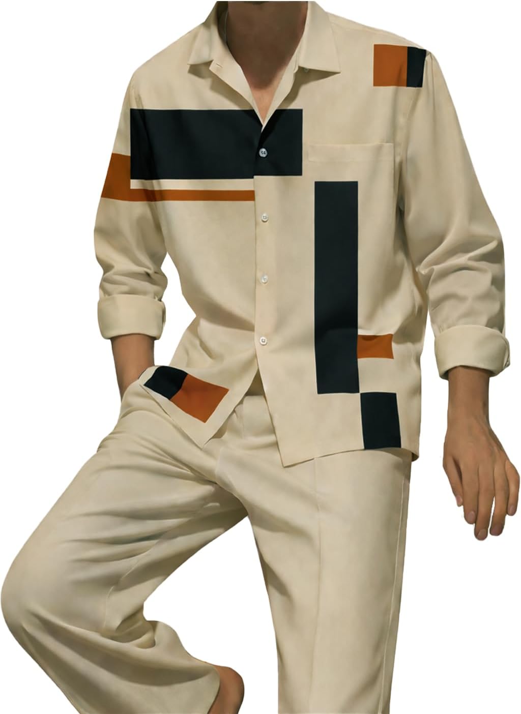 Kubsid Men 2 Piece Outfits Casual Long Sleeve Button Down Shirt Loose Long Pants Sets Loungewear Suits