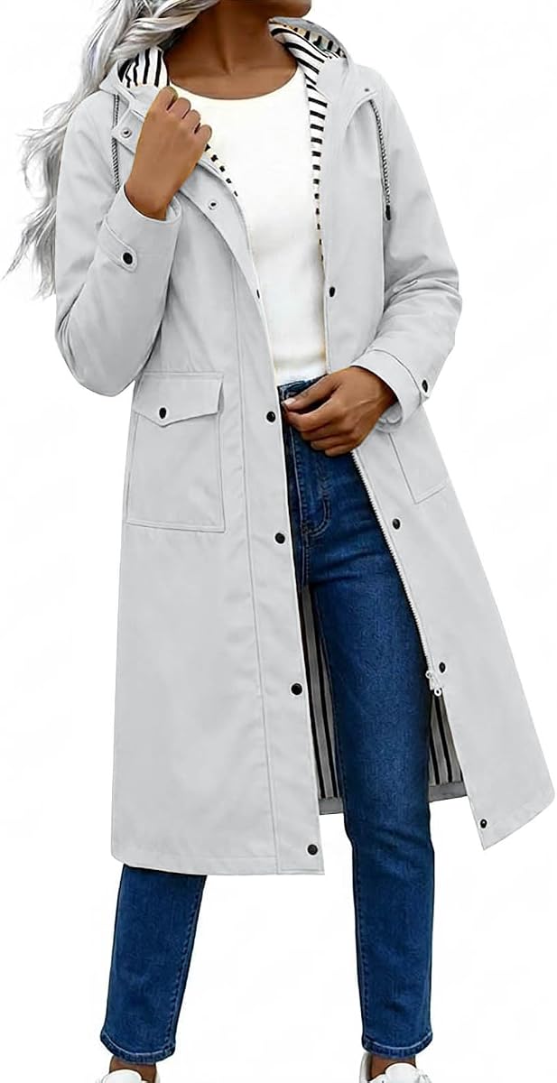 Oplxuo Women's Long Waterproof Trench Coat Striped Lined Rain Jacket | Long Hooded Waterproof Trench Coat, Striped Lining, Multi Snap Zip Pockets, Windproof, Rainy Travel Walking Daily Outerwear