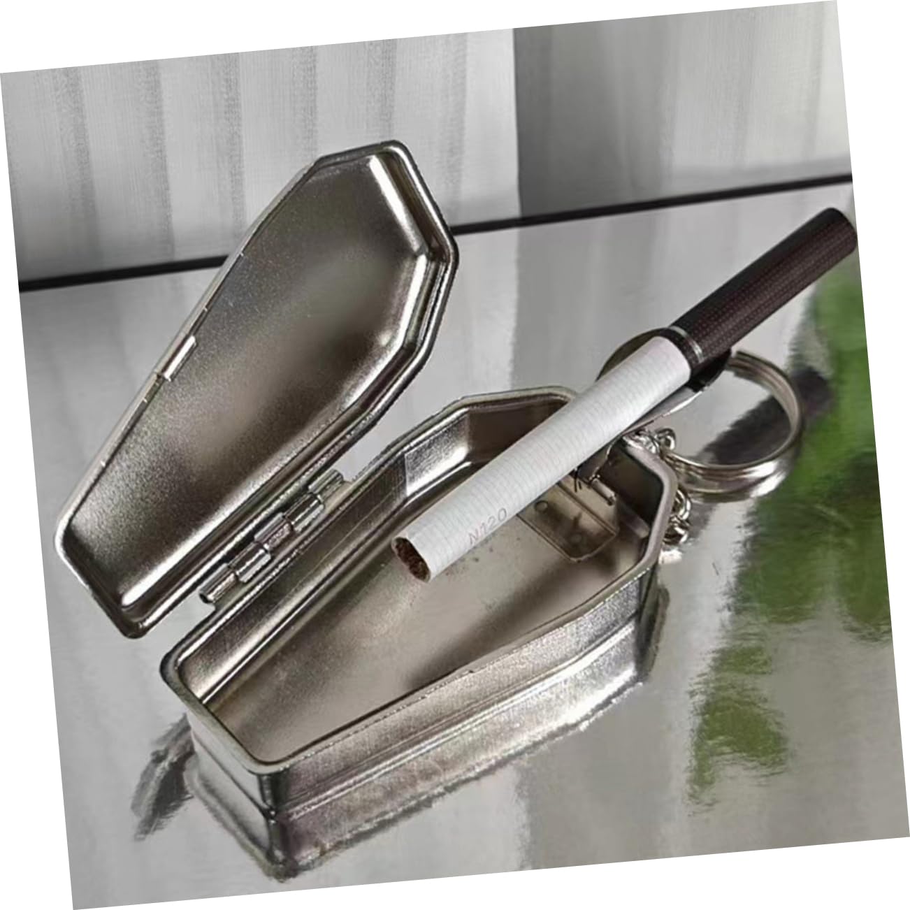 OUNONA Coffin Shape Portable Ash Tray with Keychain Durable Metal Ashtray for Car and Outdoor Use Creative Keychain Accessory for Smokers and Travel