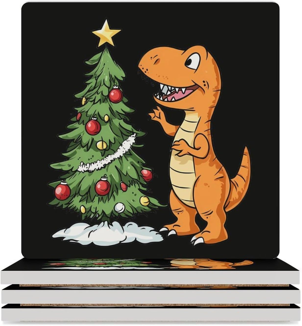 Dragon Christmas Tree Funny Ceramic Coasters for Drinks Absorbent Cup Holder Tabletop Protector with Cork Base