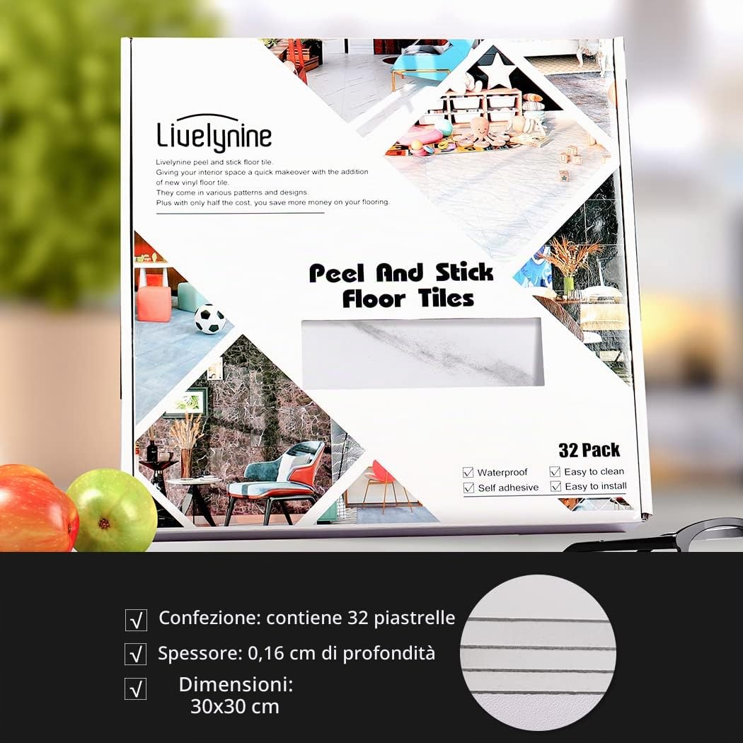 Livelynine 32 Piastrelle Pavimento PVC Adesivo Pavimento Adesivo PVC Legno 30CMx30CM Piastrelle Adesive Cucina-Impermeabile-Mattonelle Pavimenti Adesive Pavimenti Laminato Bianco per Stanza Soggiorno