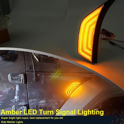 Miniatura 6 de NJSBYL Biseles de salida de aire para guardabarros delanteros para J'eep Wrangler 2018-2023, J'eep Gladiator 2020-2024, lente ahumada, lámpara LED