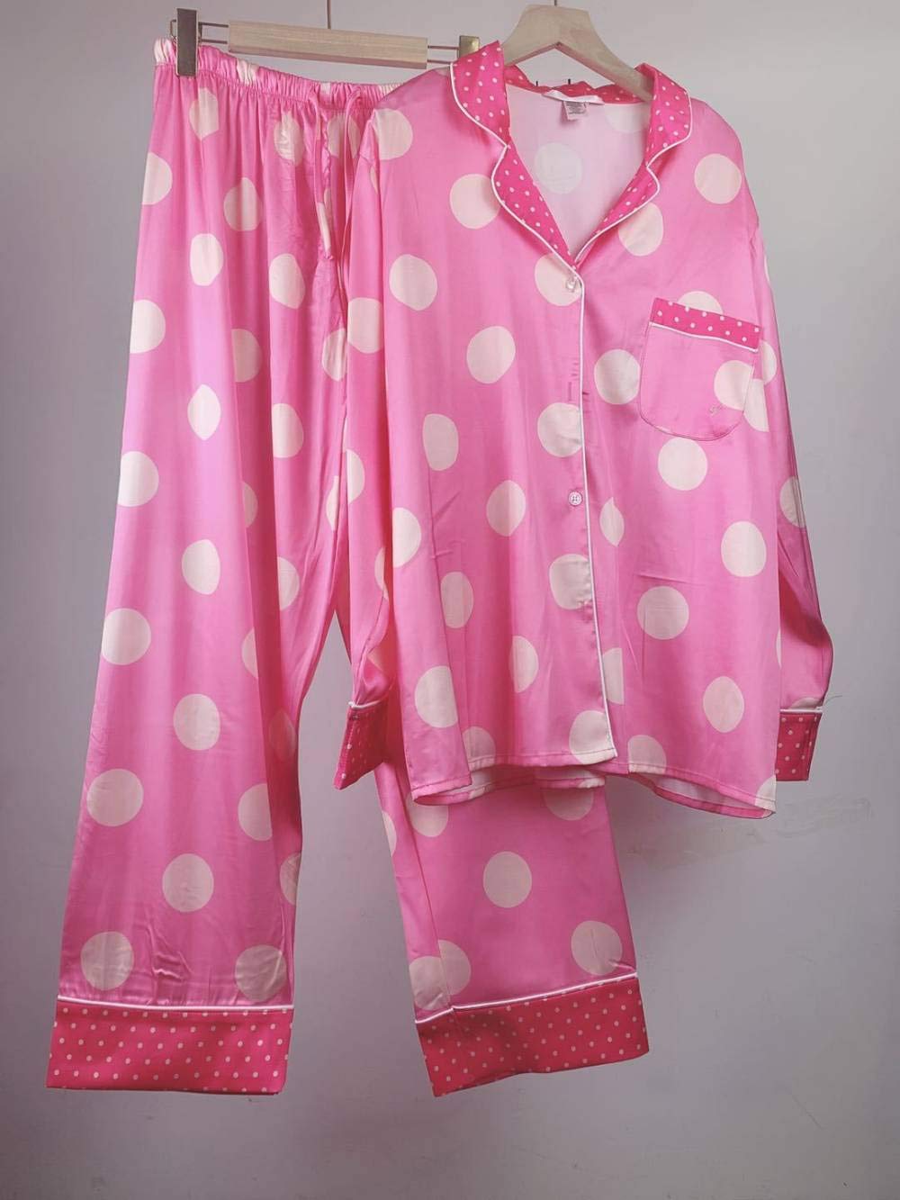 YUHOOE Pijamas De Mujer,Conjunto De Pijama De Satén De Seda Lindo Punto Rosa De Manga Larga con Botones Ropa De Dormir Pjs De Cuerpo Entero Sedoso Cómodo Y Suave Ropa De Dormir para Damas,Rosa,S