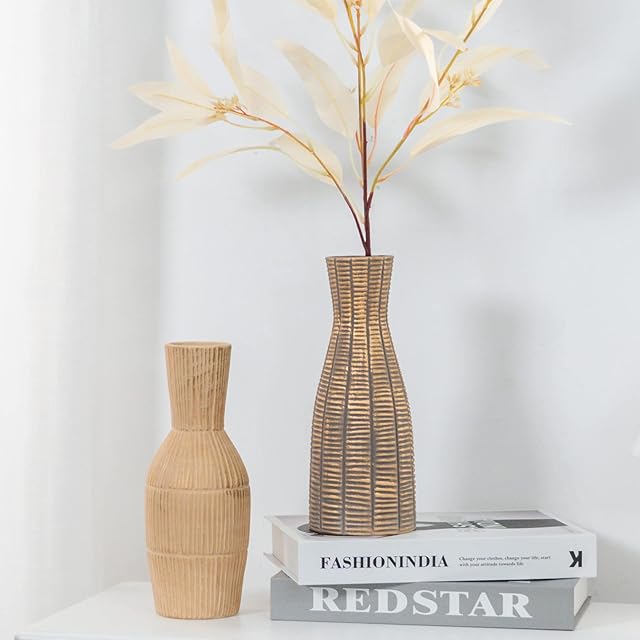TERESA'S COLLECTIONS Vase for Flowers, Set of 2 Ceramic Brown Beige Rustic Flower Vases for Decor, Vintage Pottery Vase for Living Room, Mantel, Shelf, Kitchen, 23cm Tall
