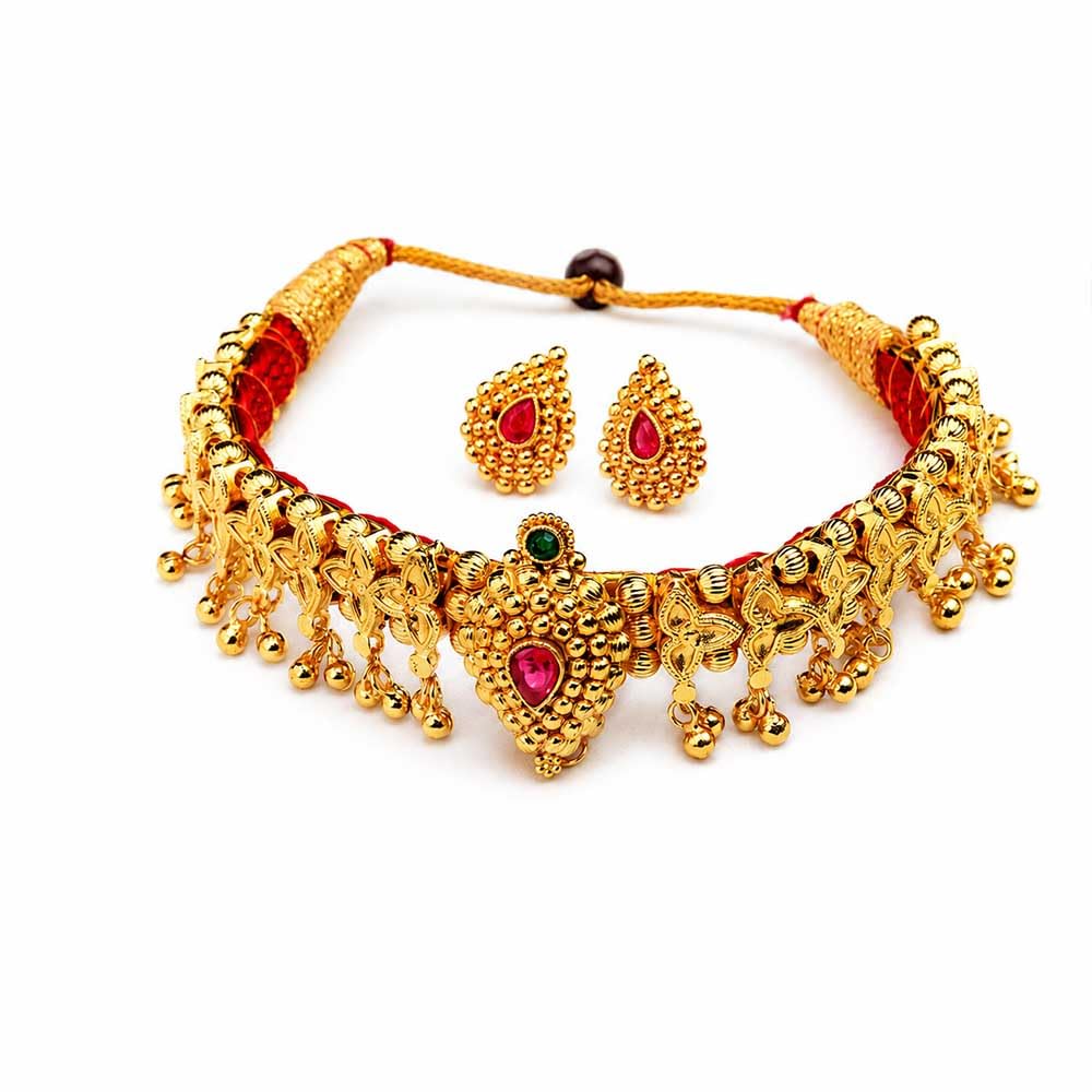 |Kolhapuri Black Stone Drop Choker | Traditional Maharashtrian Kolhapuri Thushi Necklace Set | Gold Plated Jewellery Set with Earrings for Women | Wedding& Ethnic Wear-image-26