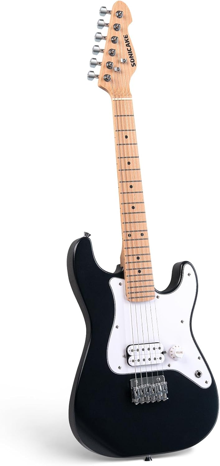 SONICAKE 30" Kids Electric Guitar Beginner, Junior Size Solid Wood Body with Humbucker Pickup, One Piece Premium Wood Neck & Fingerboard, Rounded Fret Ends, QGT-50 (Black)