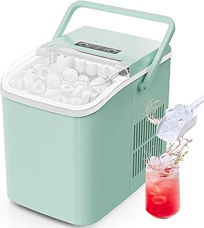 Sweetcrispy Countertop Ice Maker with Scoop, Basket and Handle, Portable Ice Machine 9 Ice Cubes Ready in 6 Mins, 26.5lbs in 24Hrs, 2 Sizes for Home Kitchen Office Bar Party, Green