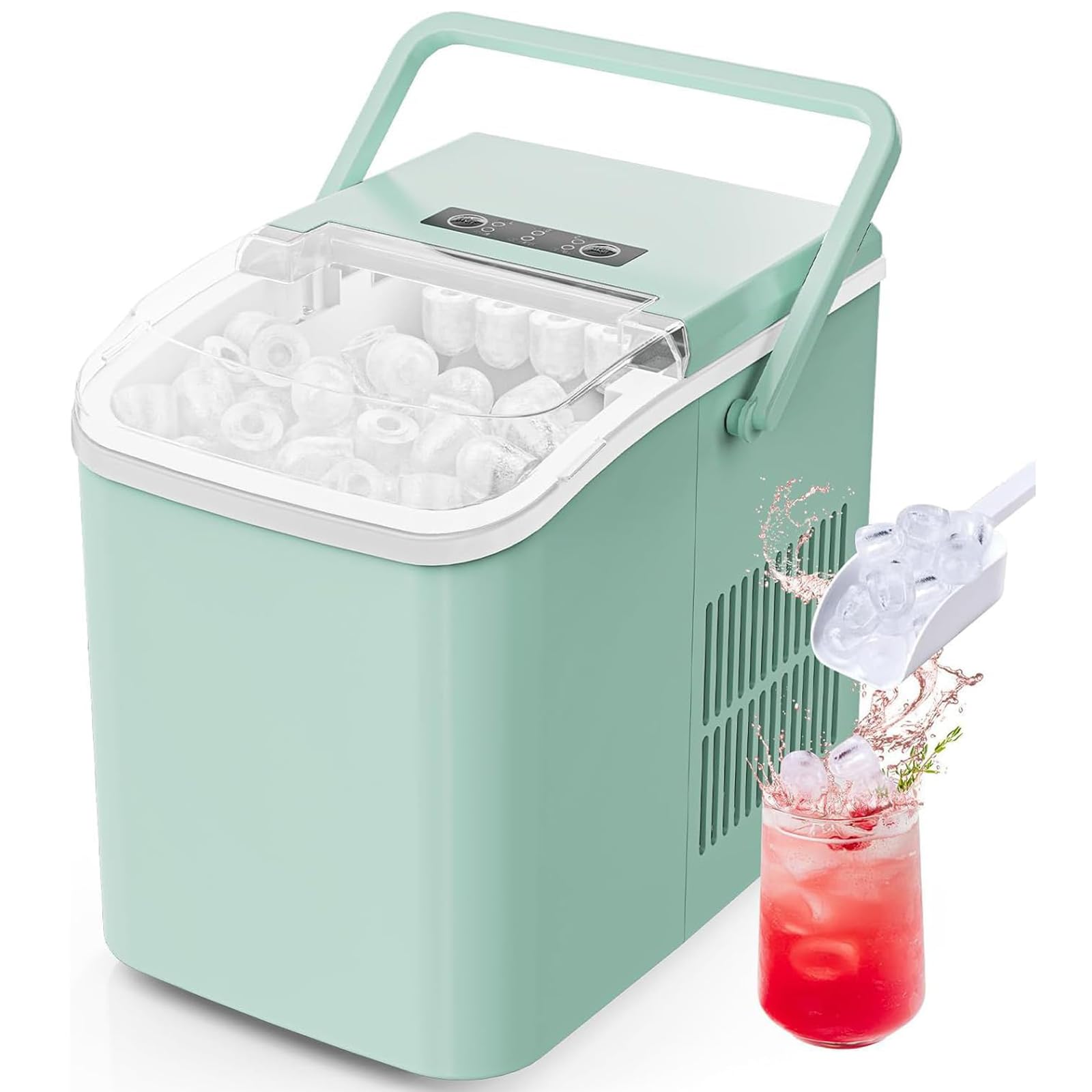 Sweetcrispy Countertop Ice Maker with Scoop, Basket and Handle, Portable Ice Machine 9 Ice Cubes Ready in 6 Mins, 26.5lbs in 24Hrs, 2 Sizes for Home Kitchen Office Bar Party, Green