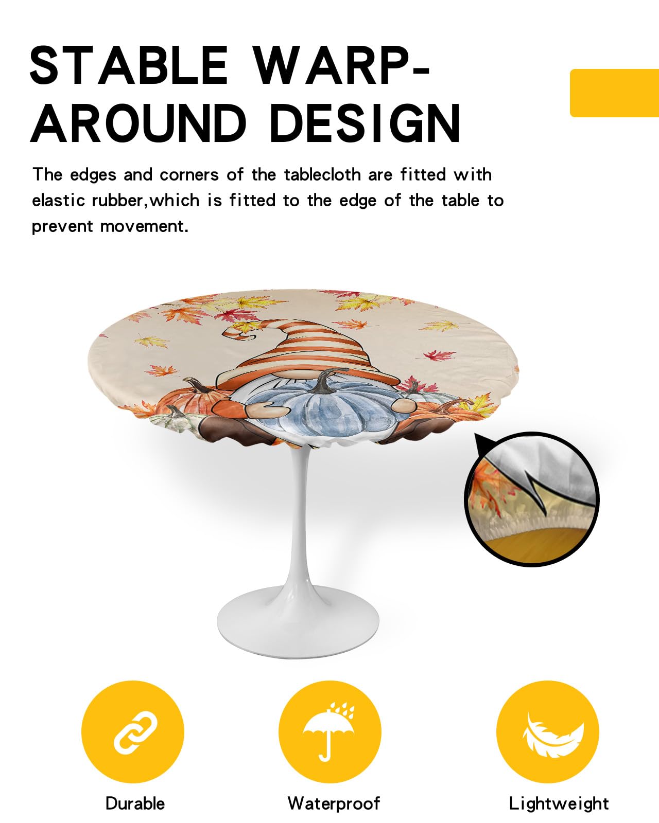Thanksgiving Autumn Round Tablecloth Fitted Table Cover, Elastic Tablecloths Waterproof Outdoor Indoor Stretch Cloth Tablecover for Dinner, Party, Shower, Fall Gnomes Blue Pumpkin Maple Leaves 36-44IN
