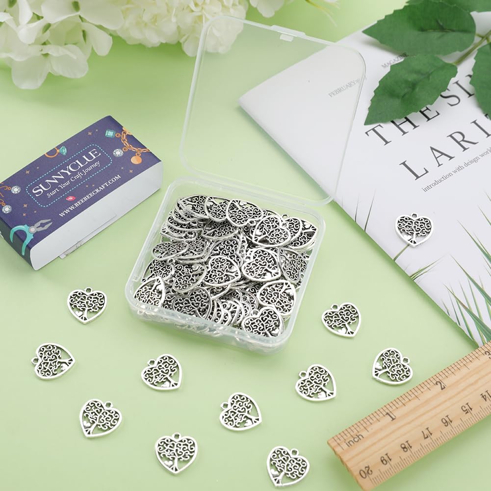 SUNNYCLUE 1 Box 100Pcs Heart Tree of Life Charm Small Silver Tree Charms Bulk Tibetan Style Alloy Pendants Metal Plant Lucky Charm for jewellery Making Charms Supplies DIY Necklace Earring Women Adult - Image 3