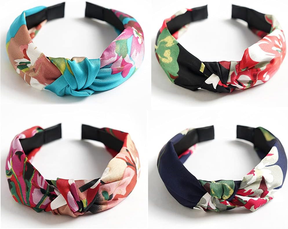 Flower print headband for Women Knotted Alice Band Crinkle Twist Front Hair Hoops Wide Headdress fits for Girls Lady Hair Accessories