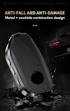 for BMW IX 2023 Key Fob Cover Protect for BMW 7 Series 760i X7 IX i7 XM 2023 Smart Key Accessories Key Shells with Keychains Aluminium and Genuine Leather Material-Black