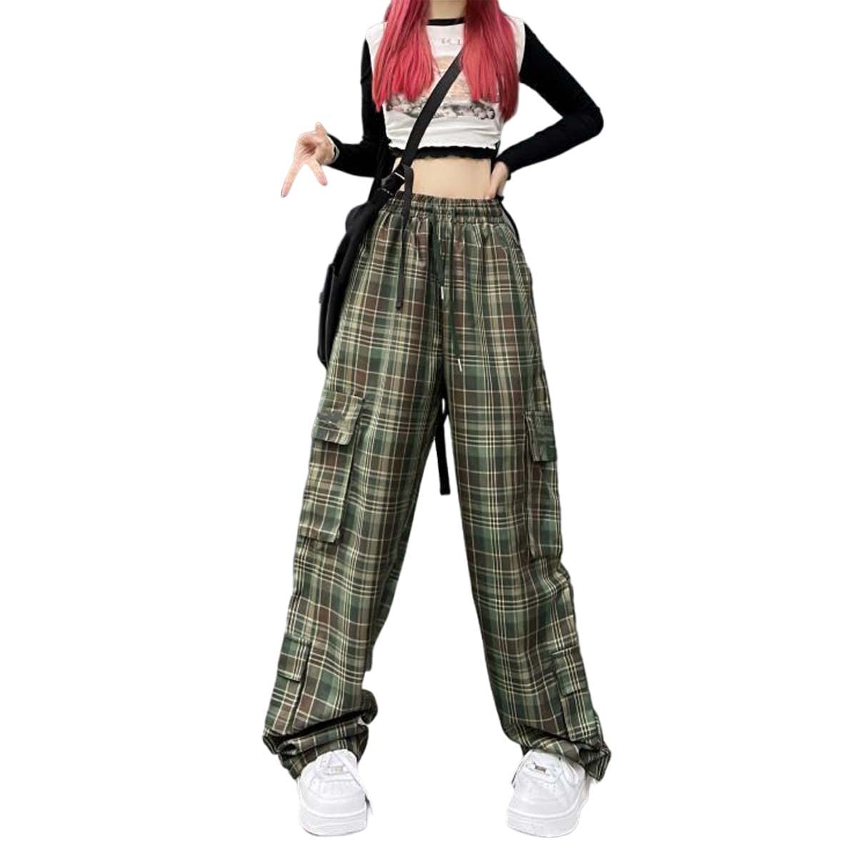 Harajuku Green Plaid Trousers Womens Wide Leg Straight Pants Multi-Pocket high Waist Overalls Y2K Straight Pants