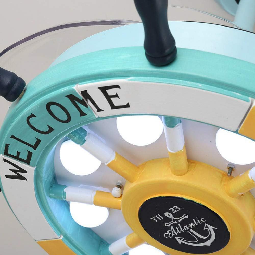 42” Invisible Reversible Ceiling Fan with Light & Remote, 4 Retractable Blades Fan Chandeliers for Kids' Room, Indoor Pirate Ship Steering Wheel Ceiling Light Kits with Fans (Blue)