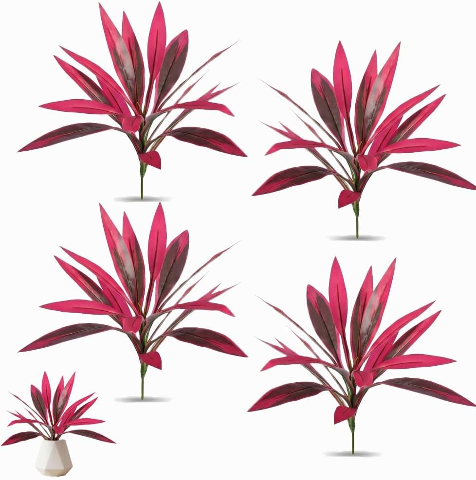4PCS Large Realistic Artificial Boston Fern & Dragon's Blood Tree Plants, Artificial Ti Plant, Outdoor Fake Shrubs Plants, Artificial Tropical Plant for Balcony, Garden, Patio, Wedding (6pcs)