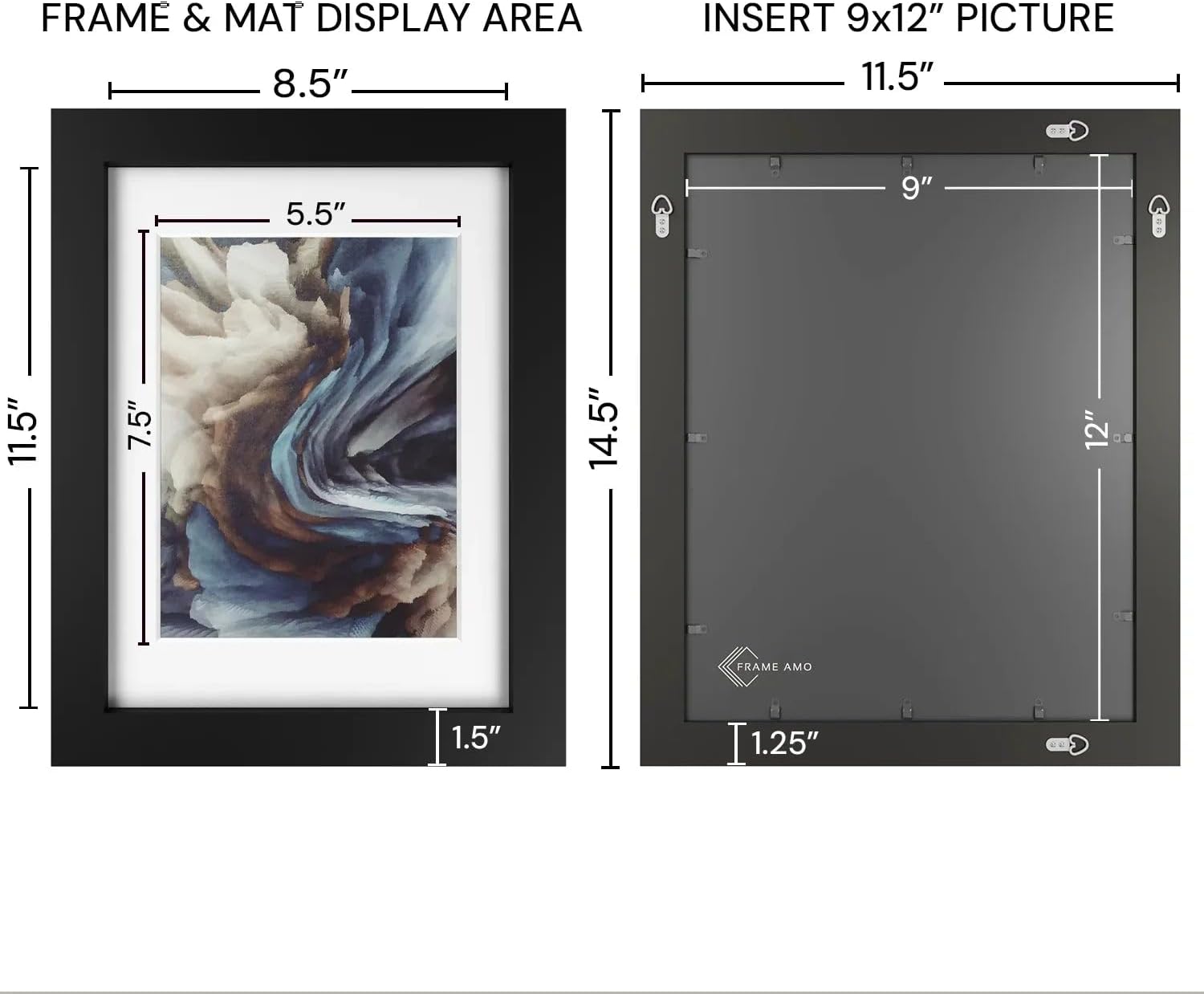 Frame Amo 9x12 Black Solid Wood Picture Frame, White Mat for 6x8 Image, Tempered Glass Front, 1.5 inch Wide, 1 inch Thick, High-End, Heavy-Duty, Gallery Grade & Acid-Free