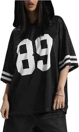 BEAUDRM Women's Y2k Jersey Shirt Number Letter Print Oversized Tee Long - View #3
