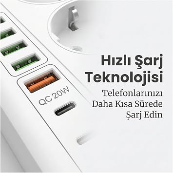 Akım Korumalı Çoklu Priz, 5 Adet USB ve Type-C Girişi, 5 Adet Priz Girişi, 3000W Termal Akım Korumalı, 1.8M Kablo Uzunluğu, Hızlı Şarj Destekli, Tüm Elektronik Cihazlar İle Uyumlu Çoklu Şarj İstasyonu