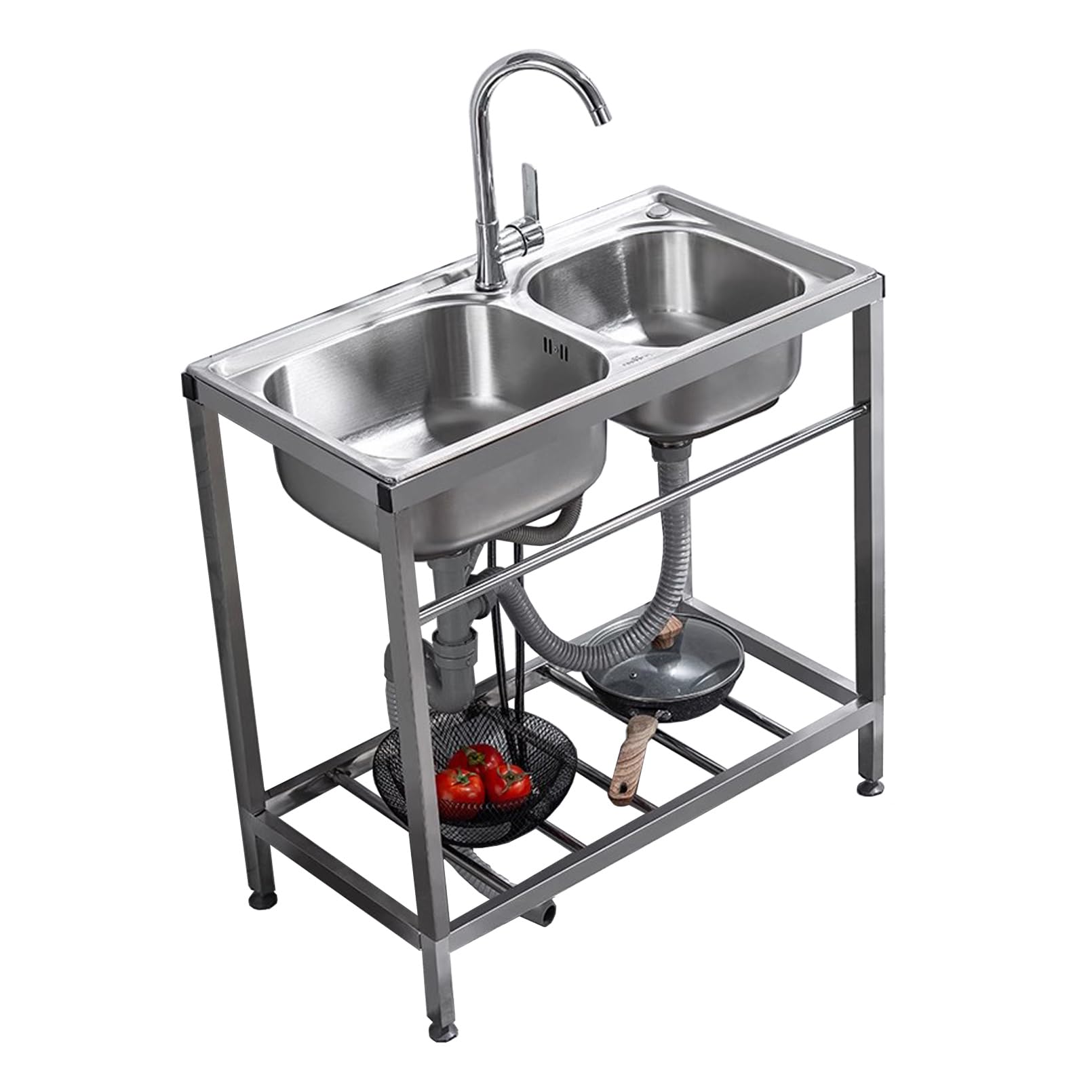 LMYSXAOZ 2 Compartment Kitchen Sink w/Cold and Hot Faucets, Double Basin Free Standing Sink, Commercial Stainless Steel with Storage Shelves & Raised Backsplash, Utility for Restaurant