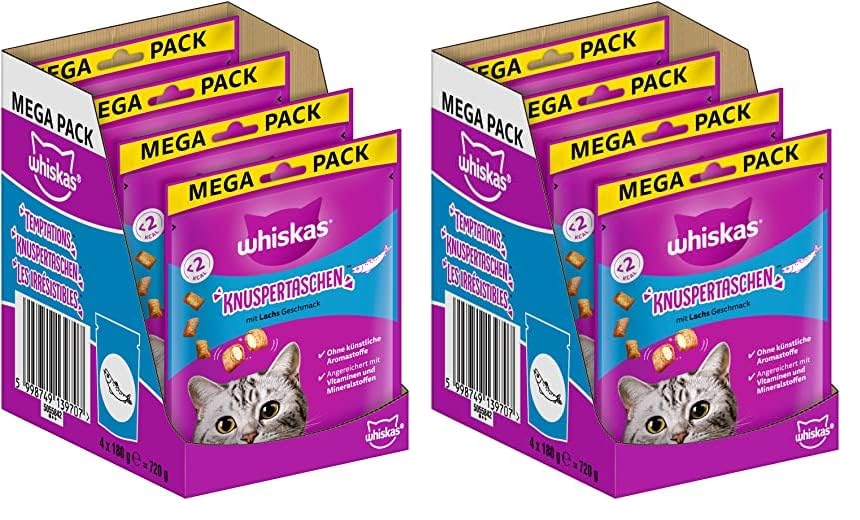 Whiskas Knuspertaschen Katzensnacks mit Lachsgeschmack, 4x180g (8 Packungen) - unterschiedliche Produktverpackungen erhältlich