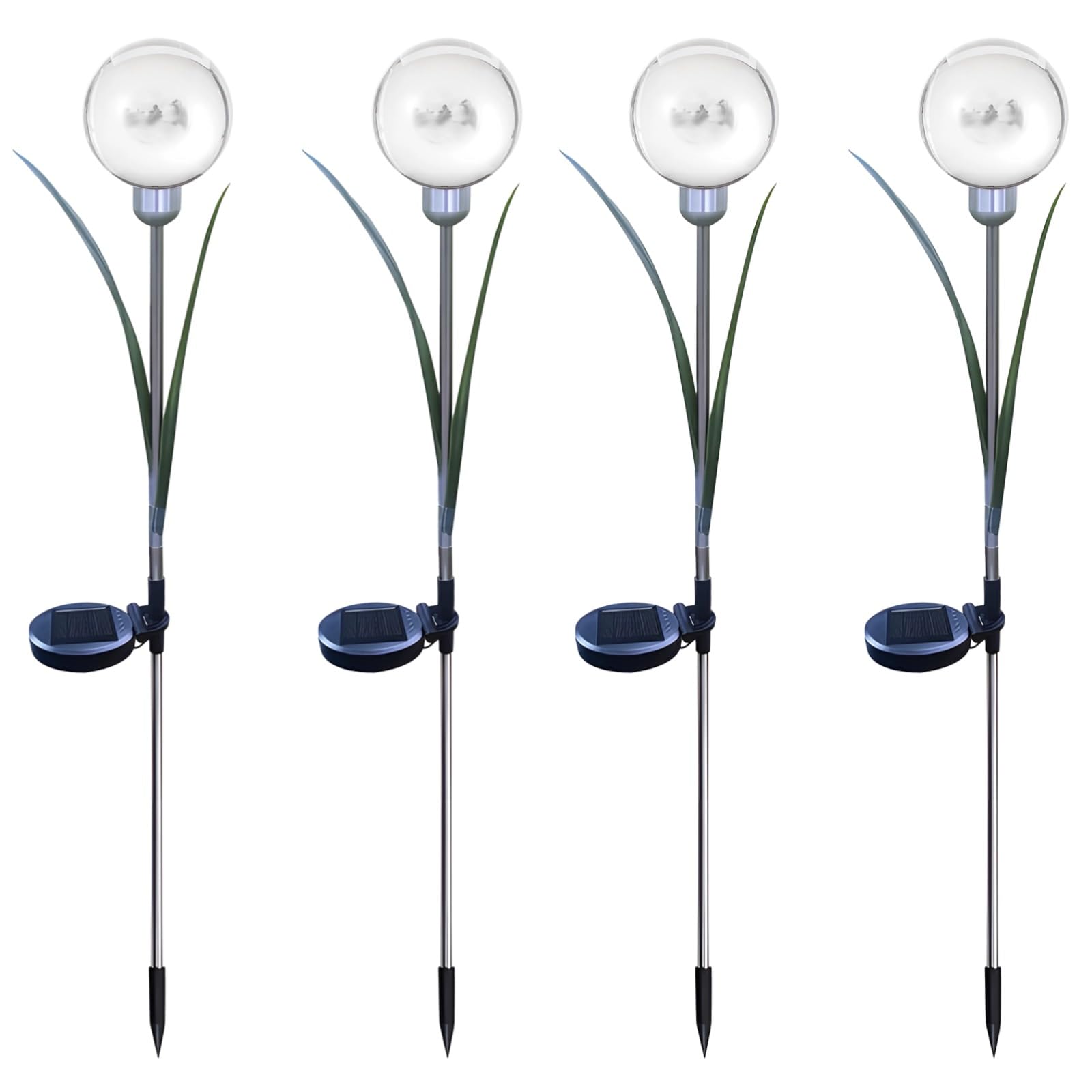 Solarne lampy kwiatowe na zewnątrz, wodoodporne, solarne lampy kulowe z liśćmi, stal nierdzewna, 70 cm, paliki ogrodowe, ciepłe światło do dekoracji ścieżki i trawnika, 4 szt
