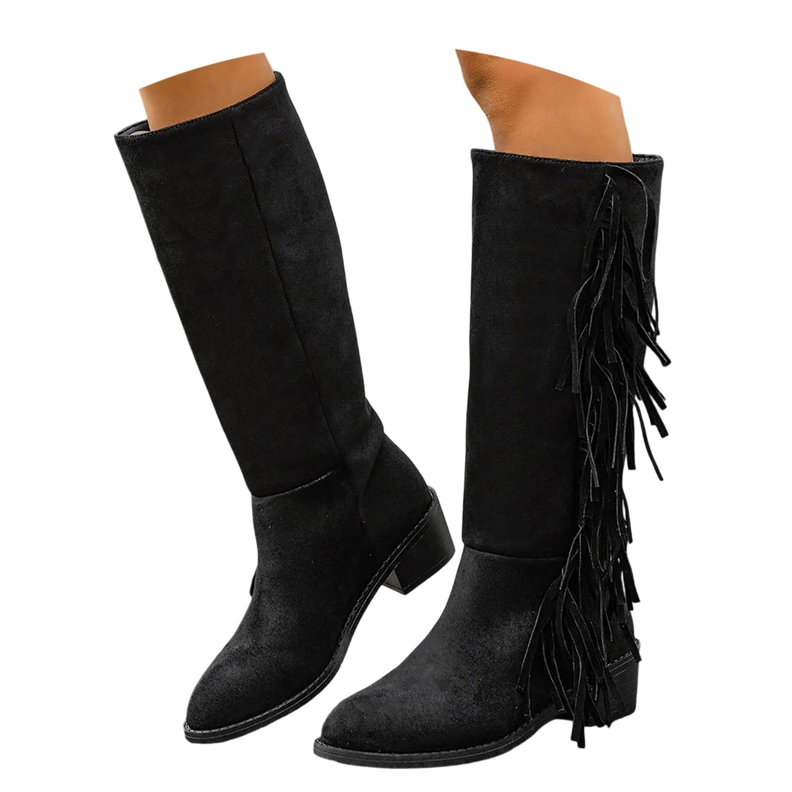 Stivali western da donna, eleganti, tinta unita, con frange, stile retrò, in pelle scamosciata, con tacco a blocco, stivaletti invernali