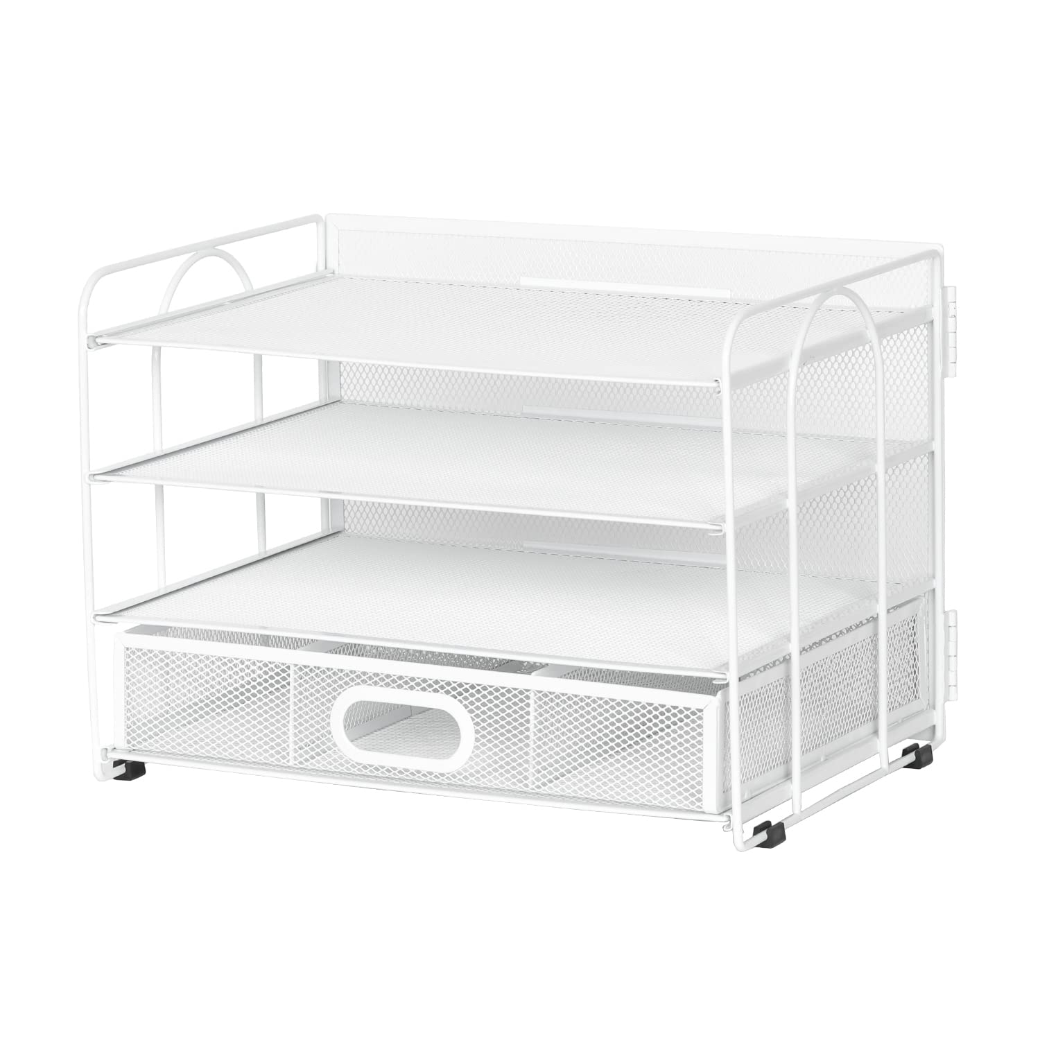 EasyPAG 4 Niveles Metal Malla A4 Bandeja Oficina Organizador Documentos Almacenamiento Papeles Soporte Archivador Clasificador Escritorio Estante Carta con Cajón,Blanco