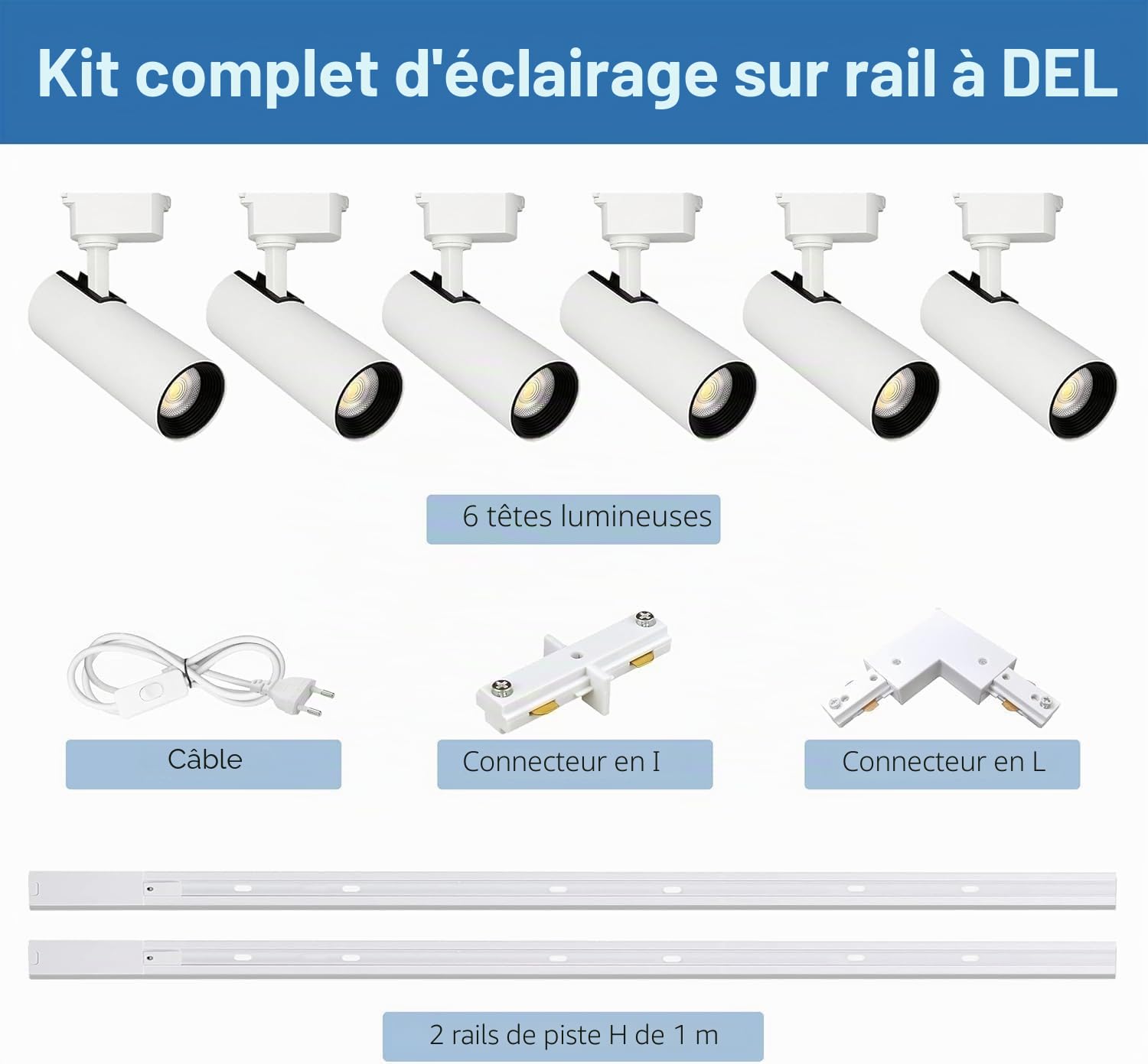 Kit d’éclairage sur rail, 6 spots extensibles 2x1m, rails type H, 20W 4000K blanc naturel, projecteurs plafond